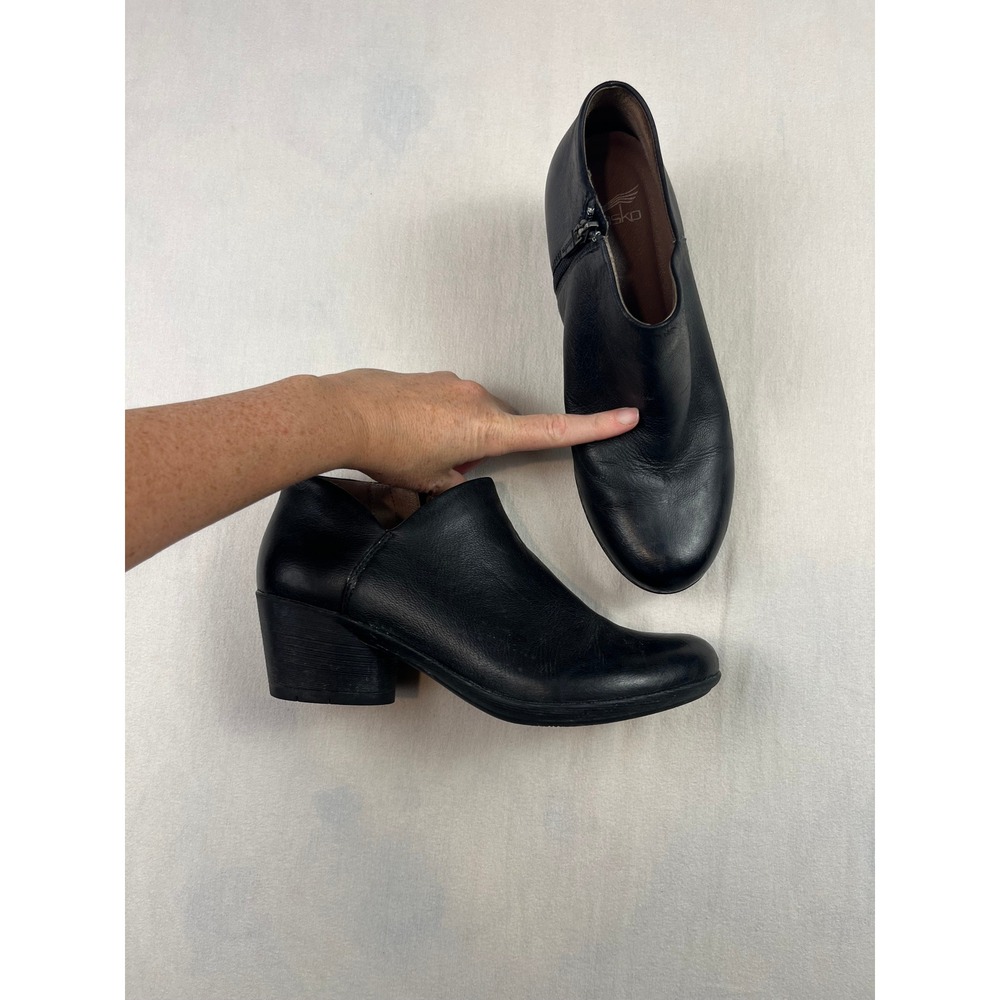 Dansko Loralie Black Leather Ankle Boots Side Zip Block Heel Shoes Womens 38